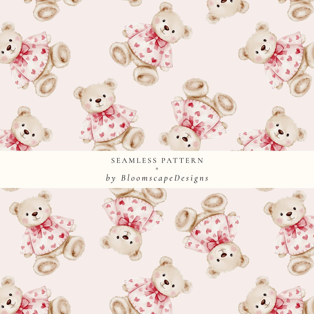 Cute Teddy Bear Seamless Pattern, Valentine’s Day Digital Paper ...