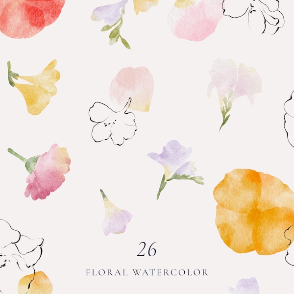 Modern watercolor flower clipart, Abstract flower art, Colorful flower clip art, Minimalistic floral set, Free commercial use