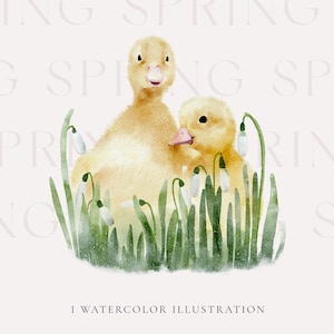 Patinhos de primavera em aquarela de gotas de neve clipart, animais bebês de Páscoa, clipart desenhado à mão para berçário de bebê, convite para chá de bebê, uso comercial