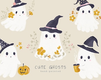 Cute Ghost PNG Clipart Bundle, Halloween Sublimation PNG, Kawaii Ghost with Coffee & Florals, Pumpkin, Spooky Season Kids Shirt Illustration