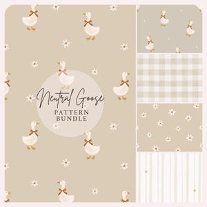 Può includere: Un pacchetto di modelli con una palette di colori neutri con illustrazioni di oche, margherite e vari modelli. Il design principale include oche con fiocchi marroni e margherite su sfondo beige. Ulteriori modelli includono quadretti, floreale e a righe.