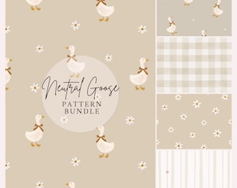 Neutral Goose Nursery Pattern Bundle, Vintage Cottagecore Seamless Patterns, Beige Gingham Stripe Daisy Wallpaper Fabric