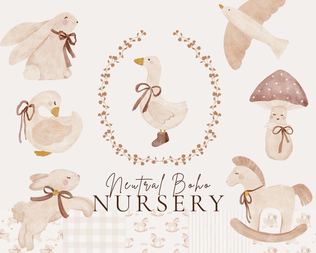 Neutral Boho Nursery Watercolor Clipart Bundle, Pastel Baby Animals ...