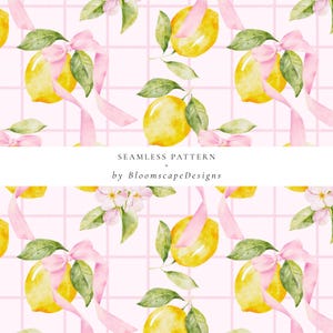 Modèle sans couture avec noeud citron, aquarelle rubans roses citrons jaunes, grille Vichy, papier numérique de cuisine Vichy, tissu d'été Cottagecore