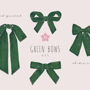 Ensemble de cliparts noeud en velours vert, Coquette noeud PNG, Noël rétro, rubans peints à la main, élégants noeuds de vacances, art de noeuds de Noël fantaisiste