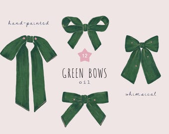 Green Velvet Bow Clipart Set, Coquette Bow PNG, Retro Christmas, Hand-Painted Ribbons, Elegant Holiday Bows, Whimsical Christmas Bows Art