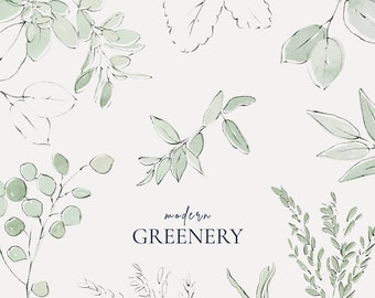 Minimalistic watercolor greenery clipart, Modern green leaves clipart, Eucalyptus botanical clipart, Instant download, Free commercial use