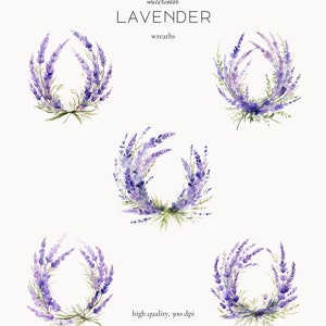 May include: Five watercolour illustrations of lavender wreaths. The wreaths are arranged in a grid pattern. The text "watercolor LAVENDER wreaths" is at the top of the image. The text "high quality, 300 dpi" is at the bottom of the image.