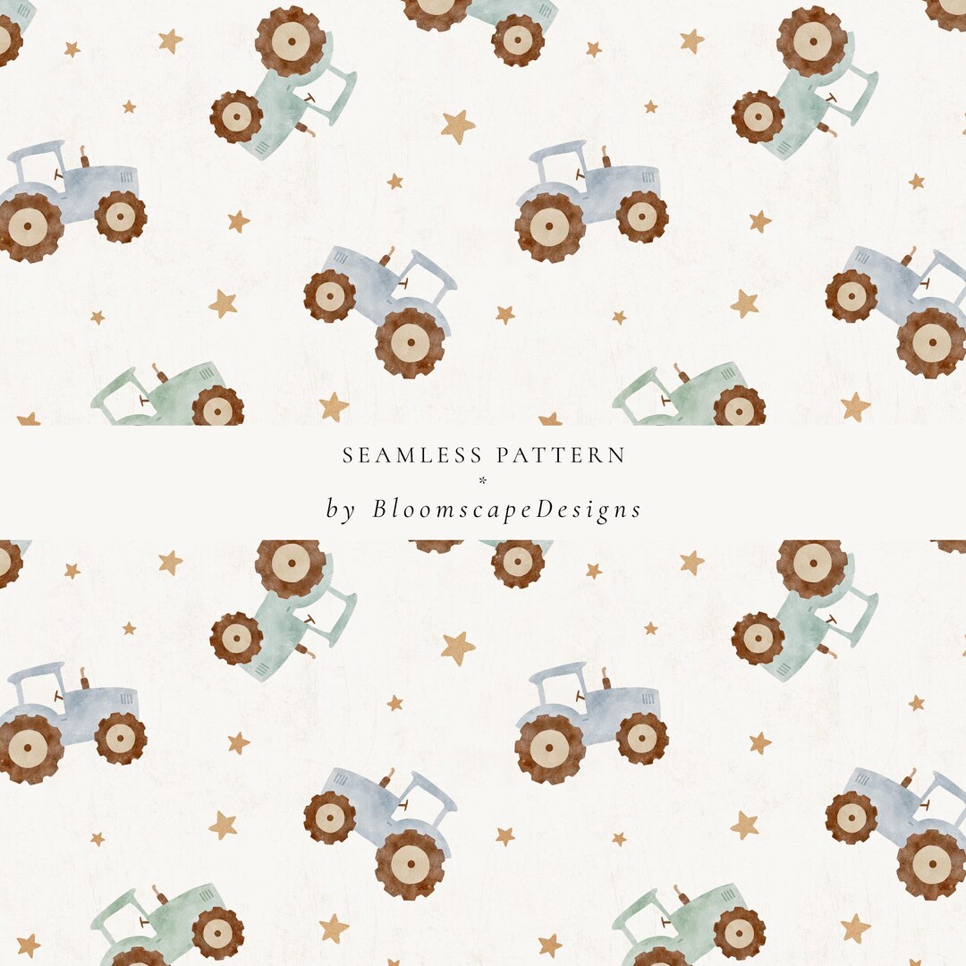 Watercolor Tractor Seamless Pattern, Rustic Farm Nursery Print, Pastel ...
