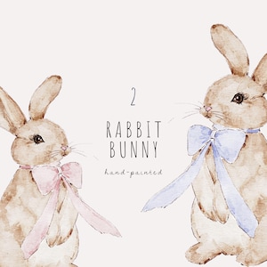 Aquarell Clipart, rosa, blaue Schleife, Kaninchen, Baby Mädchen, Junge, handgemaltes Kaninchen, Baby Mädchen, Junge, Baby Mädchen