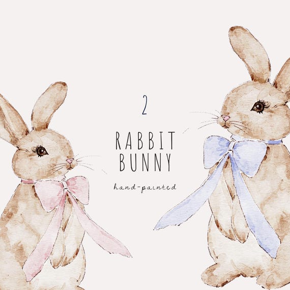 Watercolor bunny rabbit clipart, pink, blue bow bunny png, hand-painted bunny nursery, cute bunny, baby girl, baby boy watercolor clipart