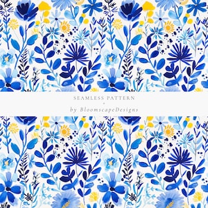 Bunte wunderliche Tapete des Aquarells, blaue abstrakte Blumen, helles nahtloses mit Blumenmuster, Nahtloser Sommer digitales Papier, Preppy