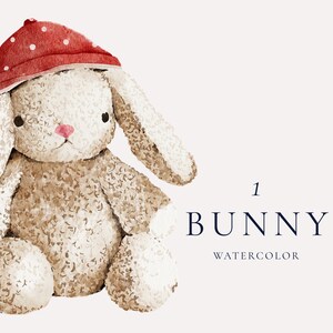 Clipart de aquarela de coelho fofo, Arte de berçário de coelho, Brinquedo de coelho bebê, Pintura de coelho de pelúcia, Download instantâneo