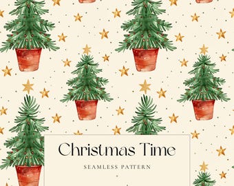 Watercolor Christmas Tree Seamless Pattern, Festive Holiday Tree Design with Stars, Christmas Digital Paper for Crafts, Wrapping, Cards