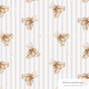 May include: A repeating pattern of watercolor teddy bears with brown bows on a light blue and white striped background. The bears are in different poses, creating a whimsical design. Small blue hearts and the text "BloomscapeDesigns SEAMLESS PATTERN" are also included.