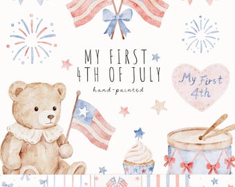My First 4th of July Clipart Pattern Bundle, Baby Patriotic Digital Paper, Teddy Bear Design, USA Nursery Decor, Scrapbook