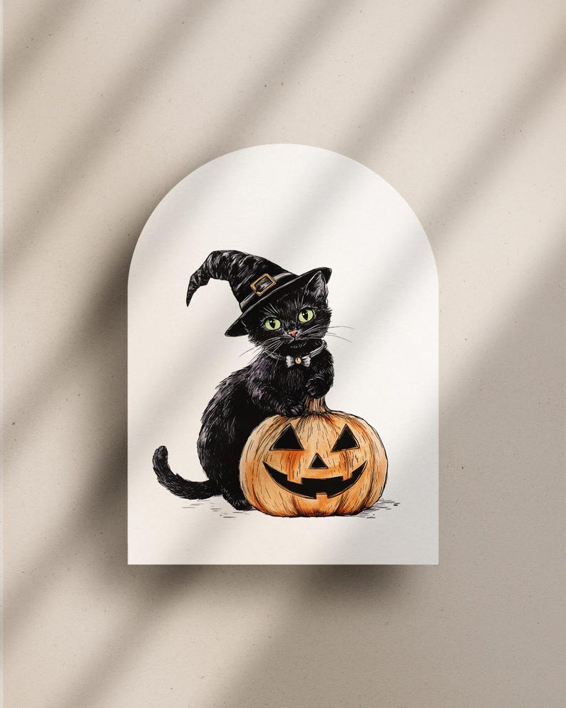 May include: A black cat wearing a witch's hat sits on top of a carved orange pumpkin. The cat has green eyes and a white bow tie.