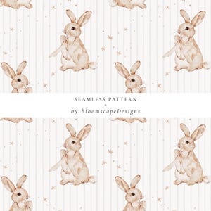 May include: A repeating pattern of watercolour bunnies with bows, set against a backdrop of vertical stripes and small star shapes. The text "SEAMLESS PATTERN" and "by BloomscapeDesigns" are also visible.