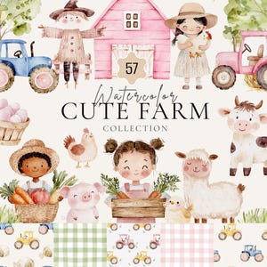 Pacchetto Clipart di fattoria ad acquerello, simpatici animali da fattoria PNG, arte rustica di campagna, asilo nido per bambini, maiale, pecora, mucca, simpatici clipart di contadini