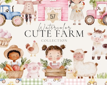 Watercolor Farm Clipart Bundle, Cute Farm Animals PNG, Rustic Countryside Art, Baby Farm Nursery, Pig, Sheep, Cow, Cute Farmers Clip Art