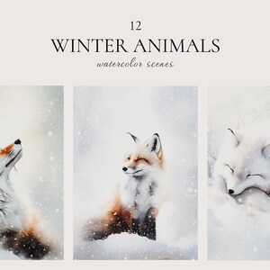 Forêt hivernale aquarelle, jeu de cartes de Noël, jeu de cartes de vœux élégantes, forêt d'hiver enneigée, carte de vœux de renard d'hiver, carte de Noël 5 x 7