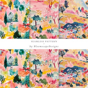 Könnte beinhalten: Ein nahtloses Muster mit einer Aquarell-Illustration einer farbenfrohen Landschaft mit Bäumen, Büschen und Blumen. Der Hintergrund ist zartrosa mit einem Hauch von Gelb und Orange. Das Muster eignet sich perfekt für die Verwendung in Stoffen, Tapeten oder anderen Designprojekten.