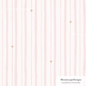 May include: Seamless pattern design featuring vertical, uneven blush pink stripes on a white background. Scattered across the pattern are small, gold-colored stars. The text "BloomscapeDesigns" and "Seamless Pattern" are in the bottom right corner.