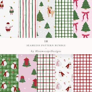 Puede incluir: Una colección de 18 diseños de patrones navideños sin costuras. Los patrones incluyen ilustraciones de Papá Noel, muñecos de nieve, árboles de Navidad, renos, lazos y diseños de cuadros en rojo, verde y blanco. El texto dice "18 SEAMLESS PATTERN BUNDLE by BloomscapeDesigns."