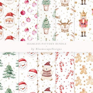 Weihnachten Aquarell Musterdesign, Urlaub Digitales Papier, Nussknacker, Weihnachtsmann, Rentier, Lebkuchen, Zuckerstange, Schneemann Muster