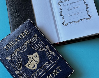 Theatre Passport - embroidered leatherette notebook cover, plain notebook for scrapbooking &  journal, record memories, save theatre tickets