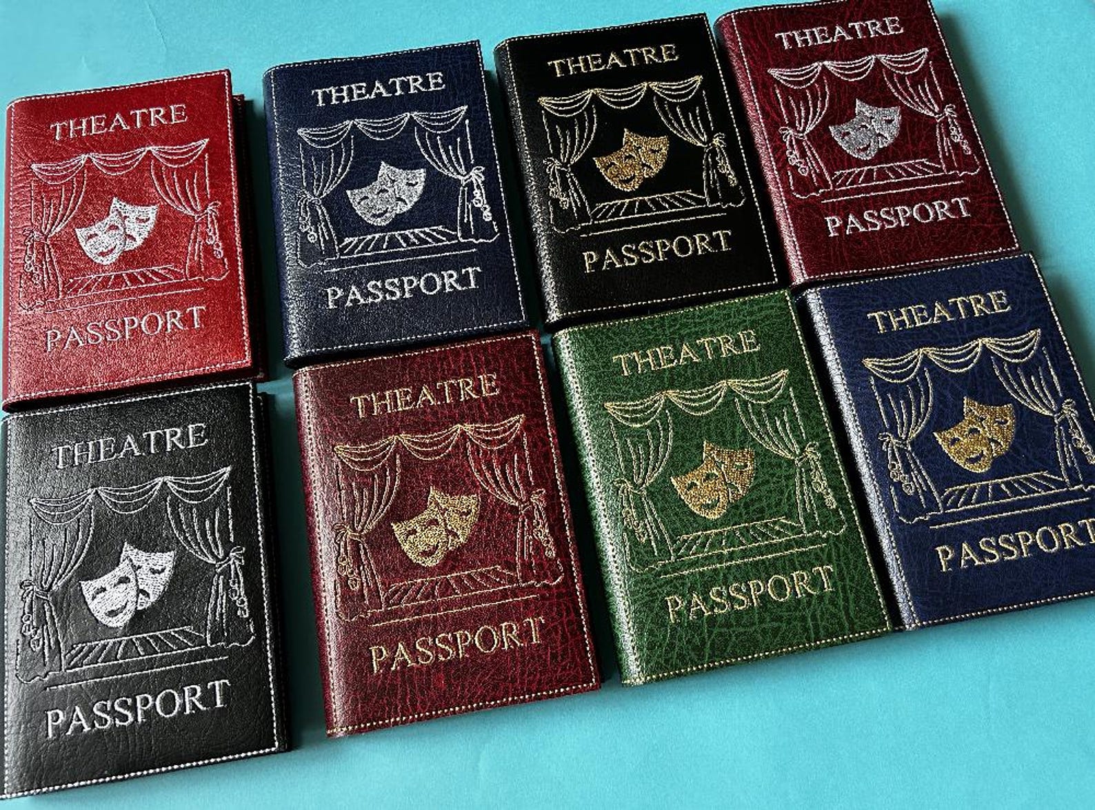 Theatre Passport - green leatherette and gold thread