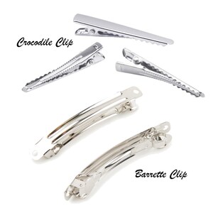 Pu&ograve; includere: Quattro fermagli per capelli argentati, due fermagli a coccodrillo e due fermagli a barretta. I fermagli a coccodrillo sono dritti e hanno un bordo dentellato. I fermagli a barretta sono curvi e hanno una finitura liscia. Il testo "Crocodile Clip" e "Barrette Clip" &egrave; scritto sotto i fermagli.