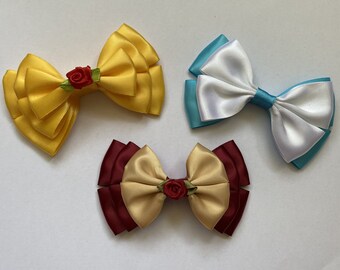 Various Belle inspired hair bows for dress up and cosplay - Disney themed