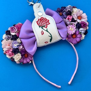 Bell Jar with Rose inspired - Single ear holder, perfect for clipping onto bags and taking to parks. Disney&#39;s Beauty and the Beast themed