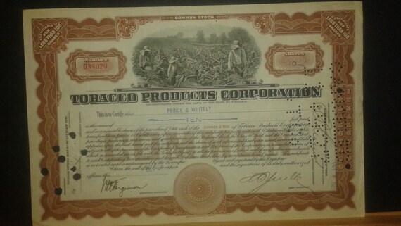 tobacco certificate Stock Certificate - TOBACCO PRODUCTS CORPORATION