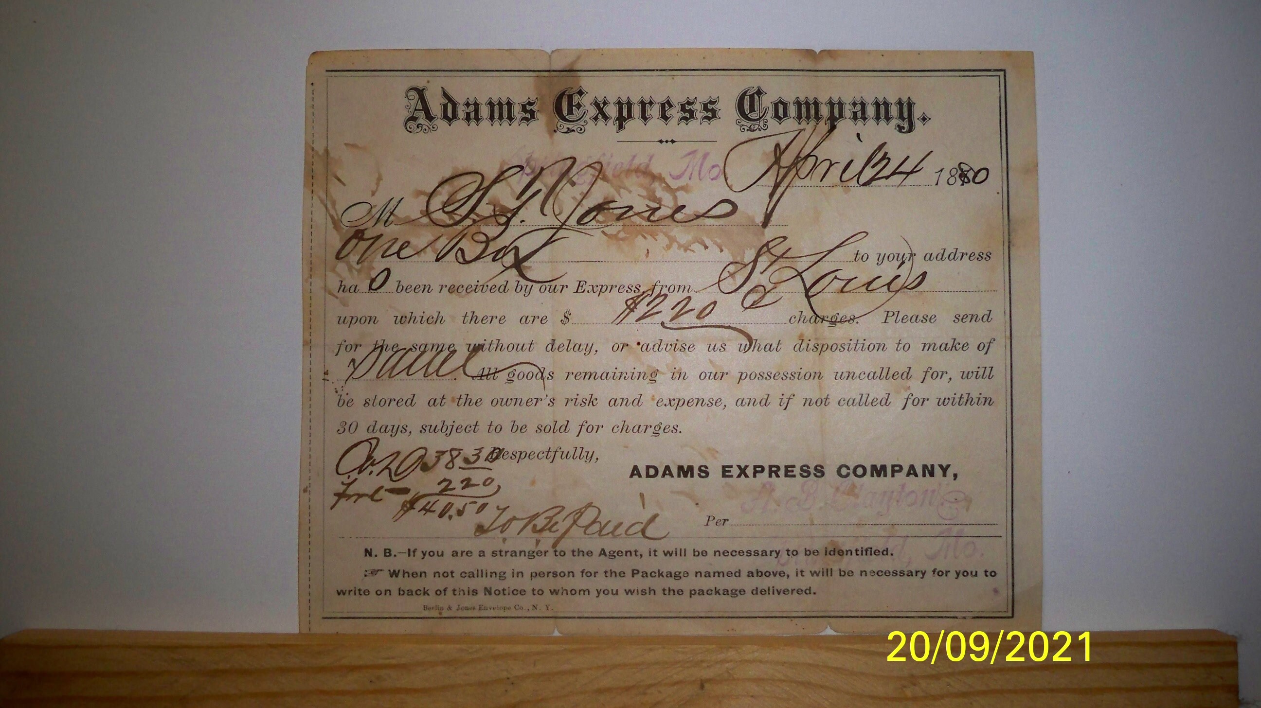 ADAMS EXPRESS RECEIPT - April 24, 1890 - Etsy