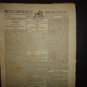 May include: A vintage copy of Bell's Weekly Messenger newspaper from May 30, 1802. The newspaper features articles on European politics, foreign news, and intelligence from Paris. The masthead includes the title, date, and a graphic of a horse and rider.