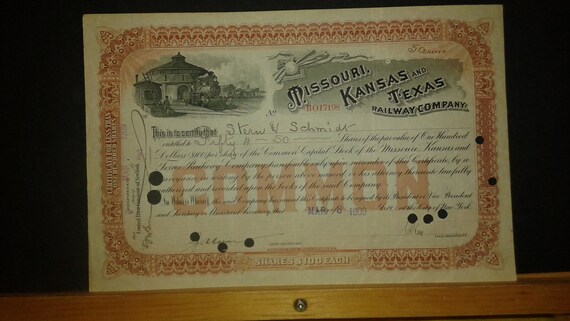 Stock Certificate Missouri Kansas & Texas Railway Company early 1900s Stock Certificate Missouri Kansas & Texas Railway Company early 1900s