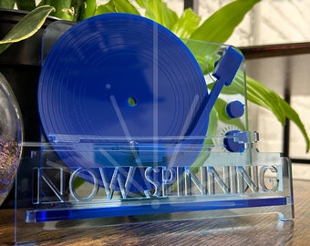Blue Glass Acrylic Now Spinning Vinyl Record Holder for Musicians, Dads, Music Lovers, DJs, Record Stores (Single or Double LP)