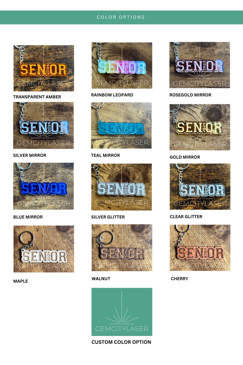 Pu&ograve; includere: Una selezione di portachiavi con la parola "Senior" in vari colori e finiture, tra cui ambra trasparente, leopardo arcobaleno, specchio oro rosa, specchio argento, specchio turchese, specchio oro, specchio blu, glitter argento, glitter trasparente, acero, noce e ciliegio. &Egrave; disponibile anche un'opzione di colore personalizzata.