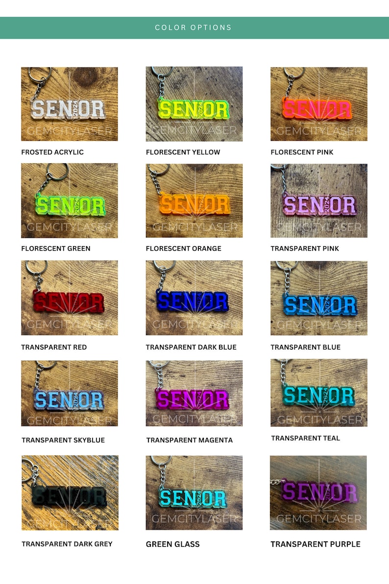 Pu&ograve; includere: Una selezione di 12 diverse opzioni di colore per un portachiavi "Senior 2023". Il portachiavi &egrave; realizzato in acrilico ed &egrave; disponibile in colori opachi, fluorescenti, trasparenti e vetro verde.
