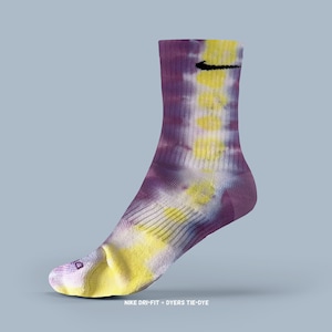 Tie dye Nike Dri Fit socks purple yellow white crew sock - All Sizes Kids Adults XXS to XL