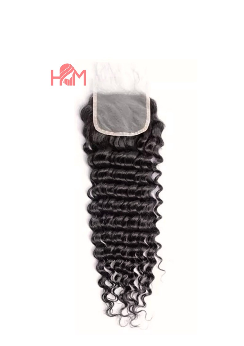 May include: A black deep wave human hair closure with a lace closure. The closure is attached to a piece of black hair that is styled in deep waves.