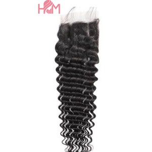 May include: A black deep wave human hair closure. The closure is made of virgin hair and is 4x4 inches in size.