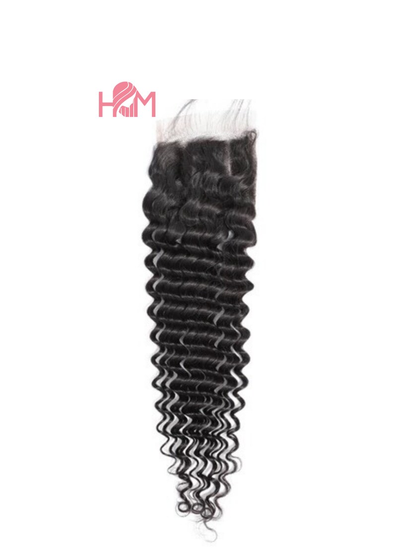 May include: A black deep wave human hair closure. The closure is made of virgin hair and is 4x4 inches in size.