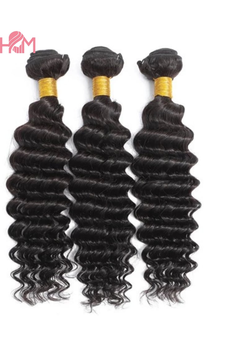 May include: Three bundles of black human hair extensions in a deep wave texture. The hair is tied with a gold elastic band at the top.