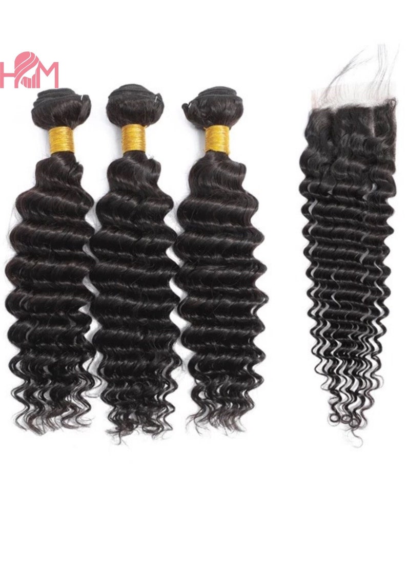 May include: Three bundles of black human hair extensions in a deep wave pattern, with a matching closure. The hair is tied with a gold elastic band.