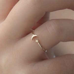 Dainty Crescent Tiny Moon Star 9K Solid Gold Stacking Statement Adjustable Ring Minimalist Delicate Simple Unique Handmade Open Cuff Ring