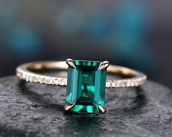 Studded May Birthstone Thin Half Eternity Band Dainty 9K Solid Gold Emerald Cut Emerald Engagement Ring Handmade Stacking Gemstone Ring