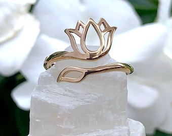 14K Gold Lotus Flower Ring: Handmade Boho Stacking Ring